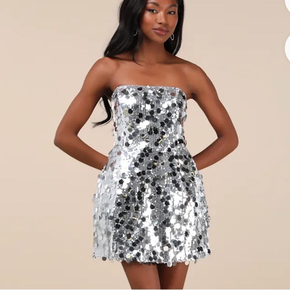 Lulus Darcle Silver Sequin Mini Strapless Dress